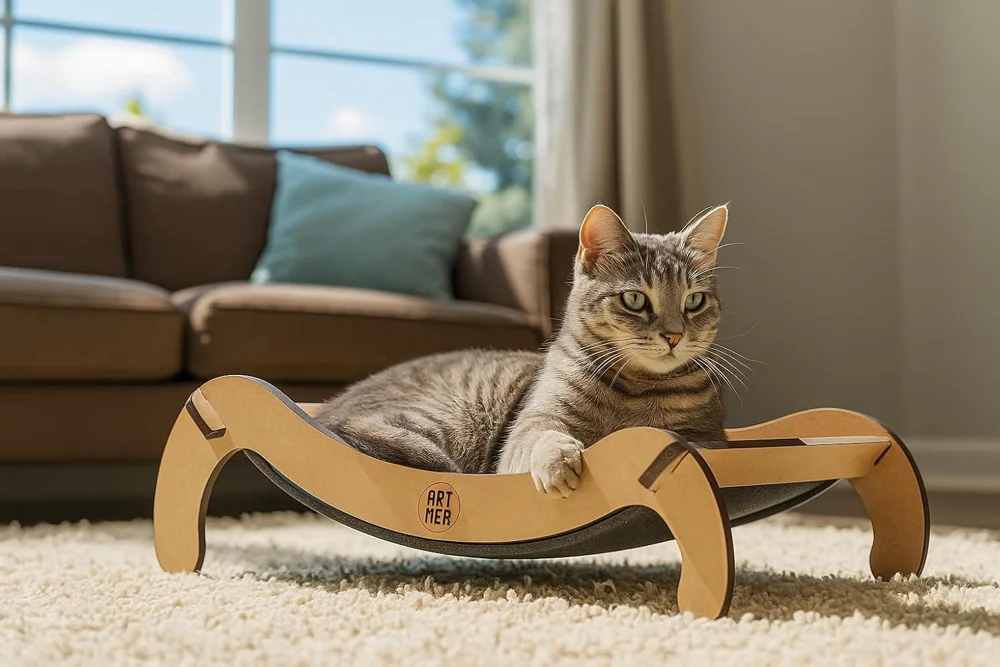 Rede cama suspensa Artmea com estrutura de madeira MDF e tecido esticado para gatos