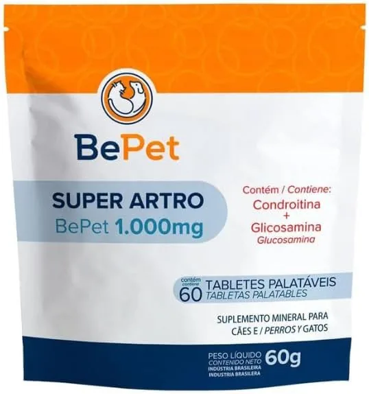Embalagem do suplemento BePet Superartro 1000 com comprimidos palatáveis