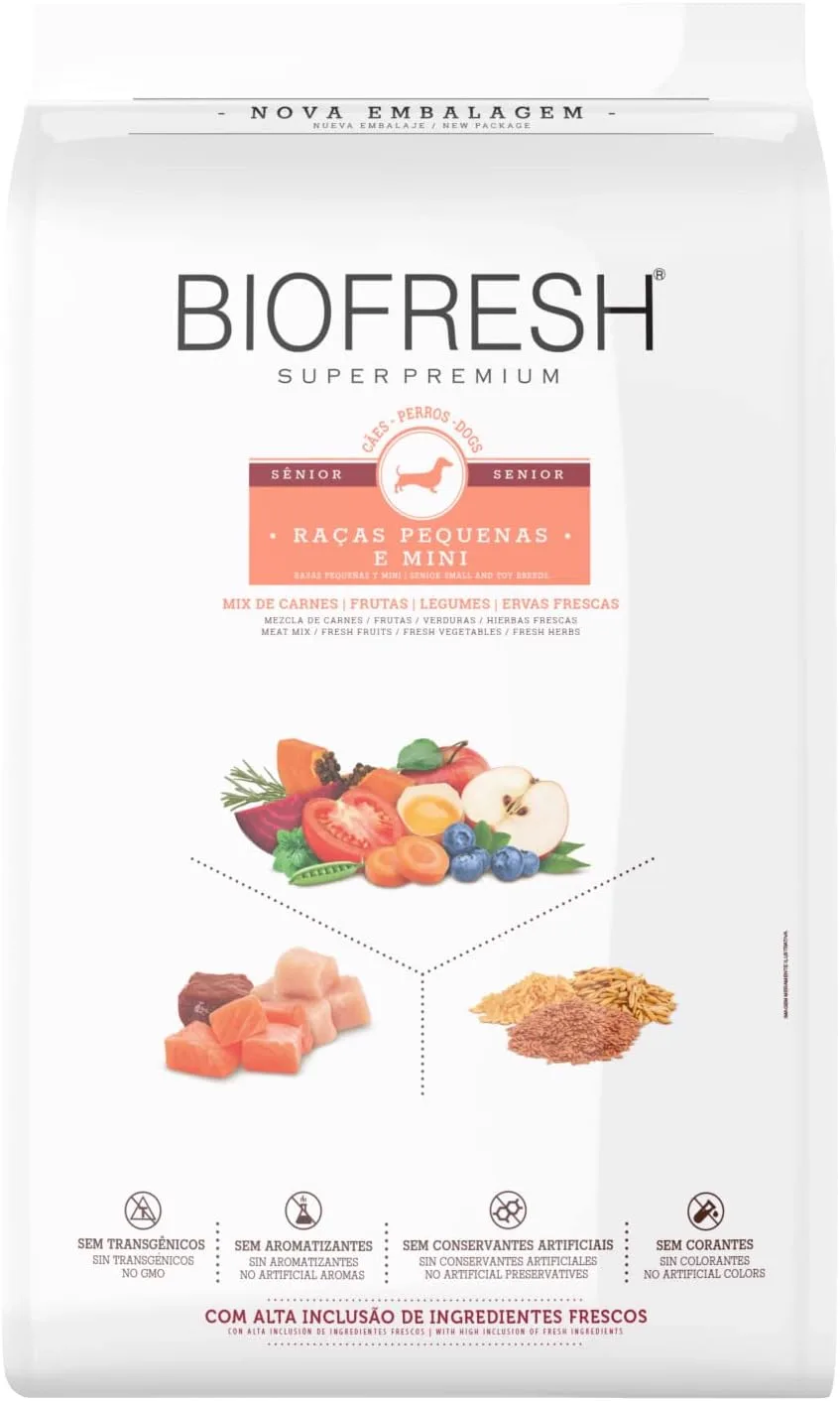 Embalagem da ração Biofresh Super Premium para cães sênior de raças pequenas e mini, mix de carnes