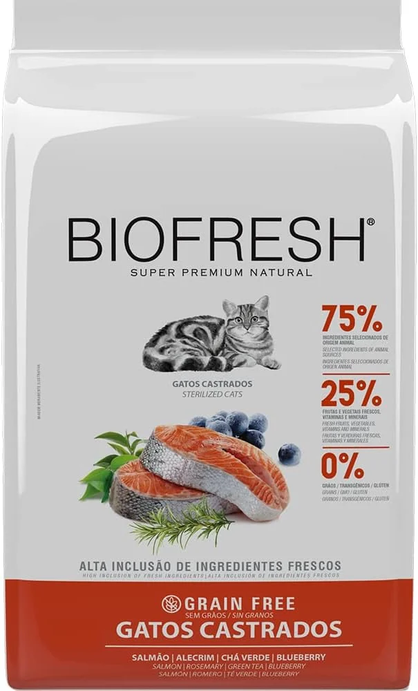Embalagem da ração Biofresh para gatos castrados sabor salmão de 7,5 kg