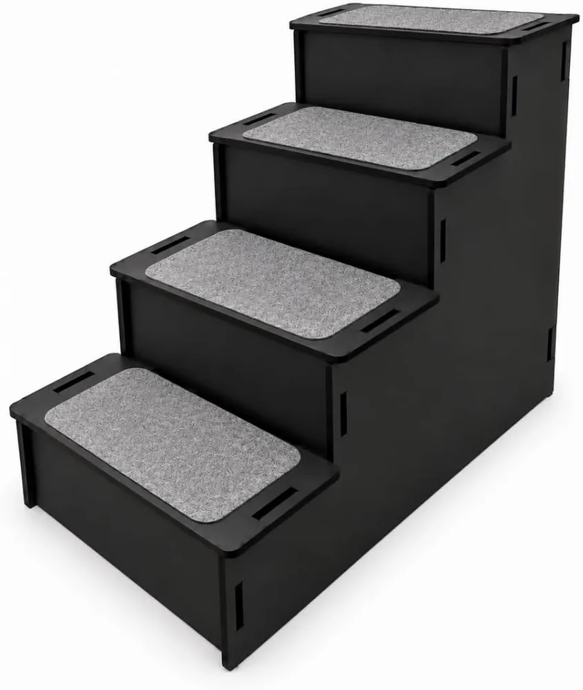 Escada pet preta de MDF com quatro degraus forrados de carpete cinza