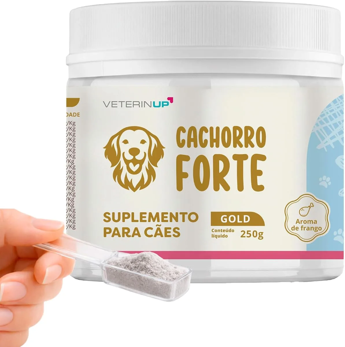 Pote do suplemento VeterinUp Cachorro Forte Gold de 250 g em pó