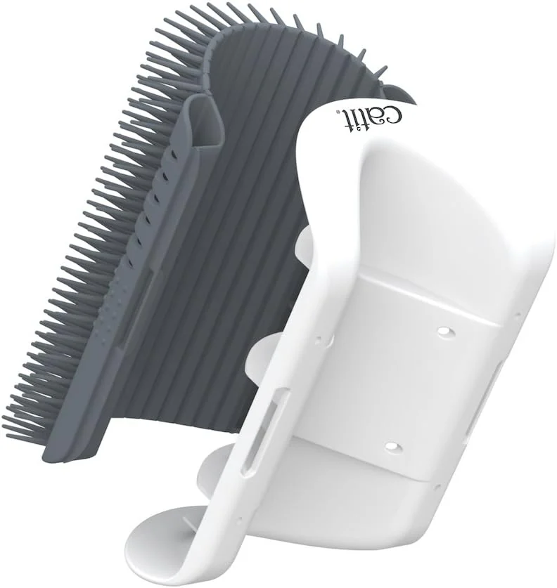 Autoescova Catit Senses Self Groomer branca com cerdas cinza para fixação em parede ou canto