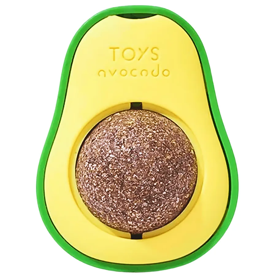 Brinquedo Chalesco Abacate Catnip, SKU 70923, com estrutura plástica verde e amarela e bolinha de catnip