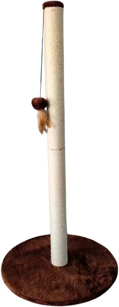Arranhador Chalesco Torre Pino de 1 metro com poste de sisal, base marrom e brinquedo pendurado