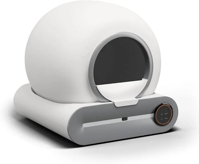 Banheiro automático Chalesco T-Pro branco para gatos, visto de frente com a entrada circular
