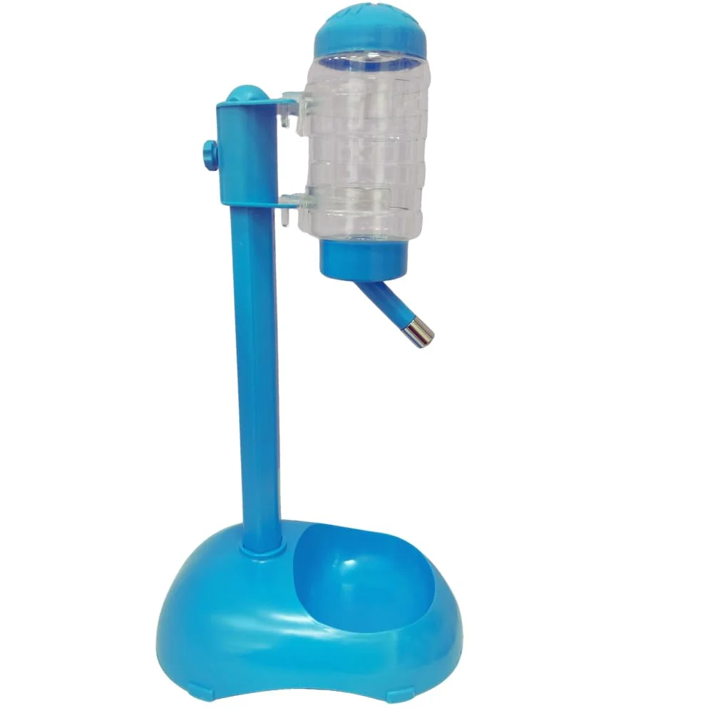 Bebedouro Chalesco azul com suporte e comedouro acoplado, tamanho médio, para cães