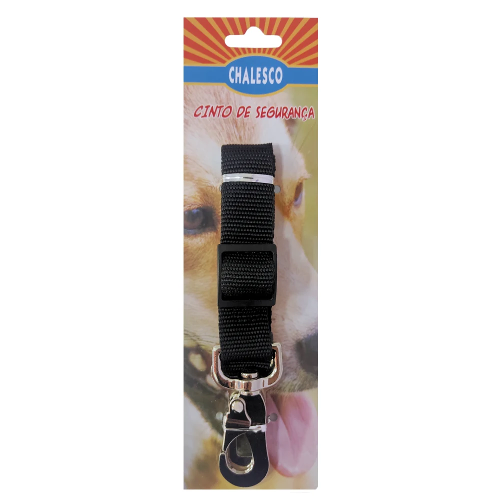 Foto oficial do cinto de segurança Chalesco para cães, preto, com mosquetão metálico e cartela da marca