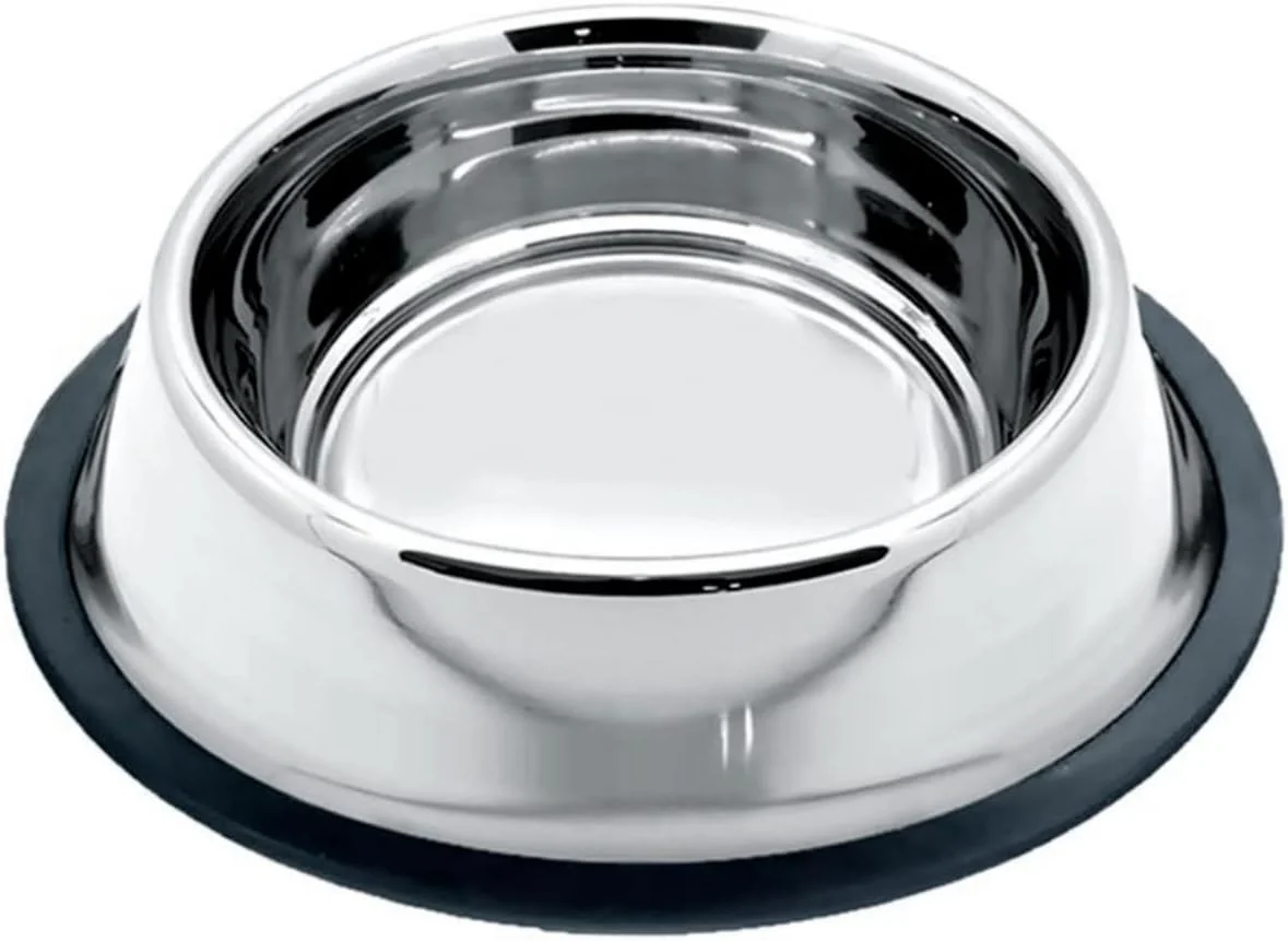 Comedouro Chalesco de aço inox com base preta antiderrapante, capacidade de 480 ml