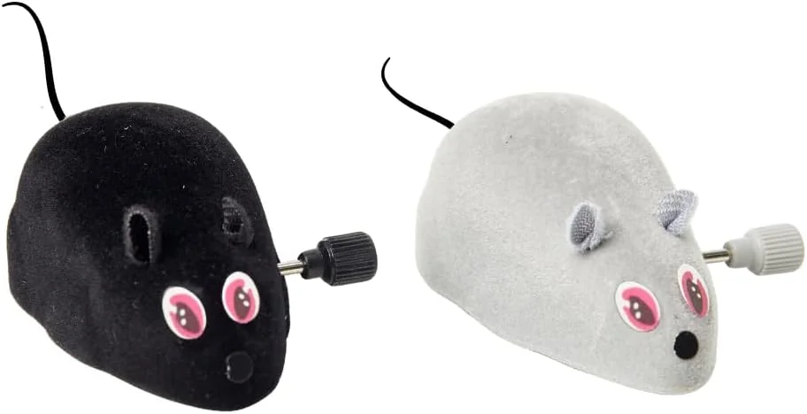 Dois ratinhos de corda Chalesco, um preto e um cinza, com chave lateral e rabo de fio