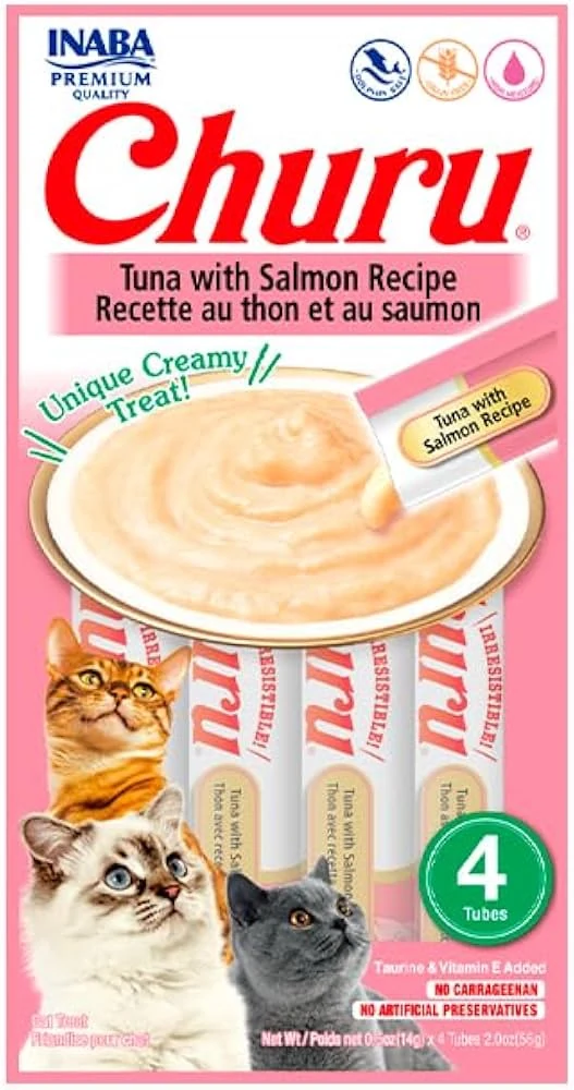 Embalagem Churu com quatro tubos de petisco cremoso sabor atum com salmão para gatos