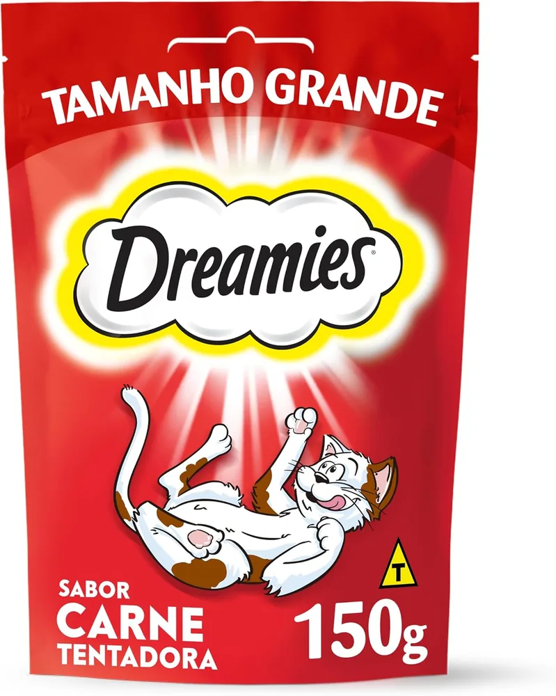 Pacote de 150 g do petisco Dreamies sabor carne tentadora para gatos adultos