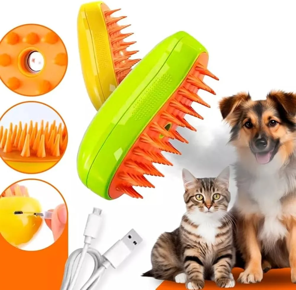 Escova a vapor verde recarregável para cães e gatos com cerdas de silicone