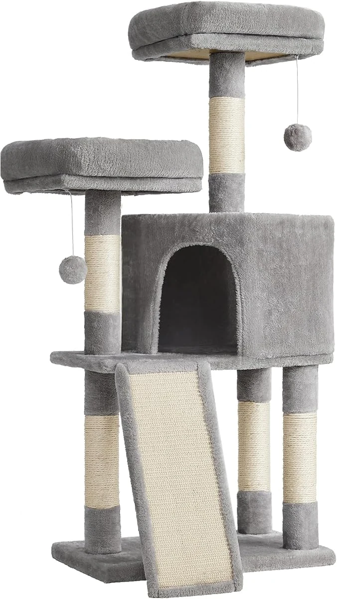 Árvore para gatos Feandrea de 115 cm em cinza claro, com postes de sisal, poleiros e caverna
