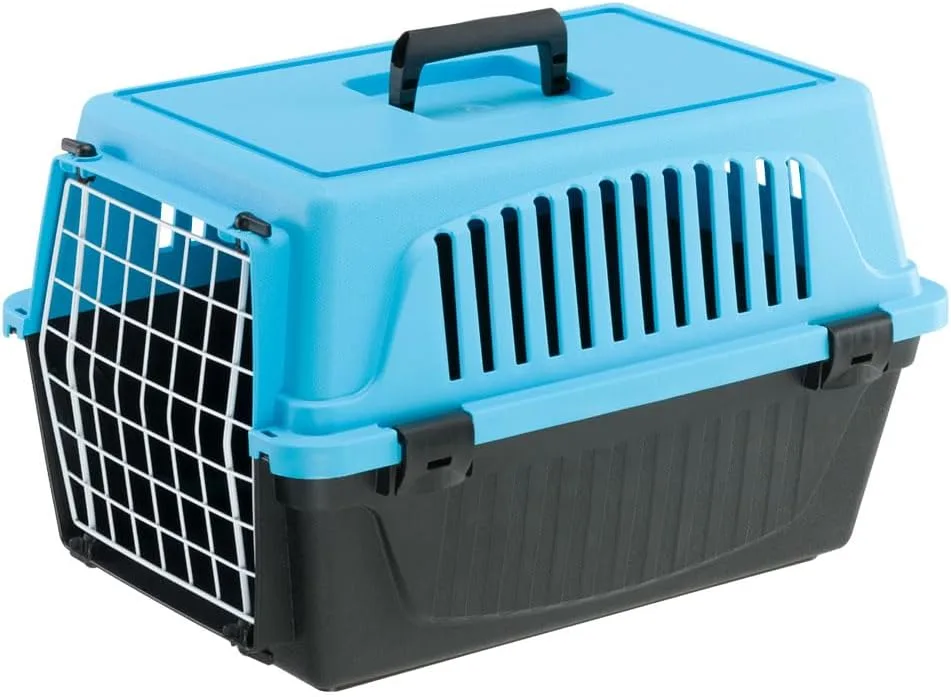 Caixa de transporte Ferplast Atlas 10 EL com tampa azul, base cinza e porta gradeada de aço