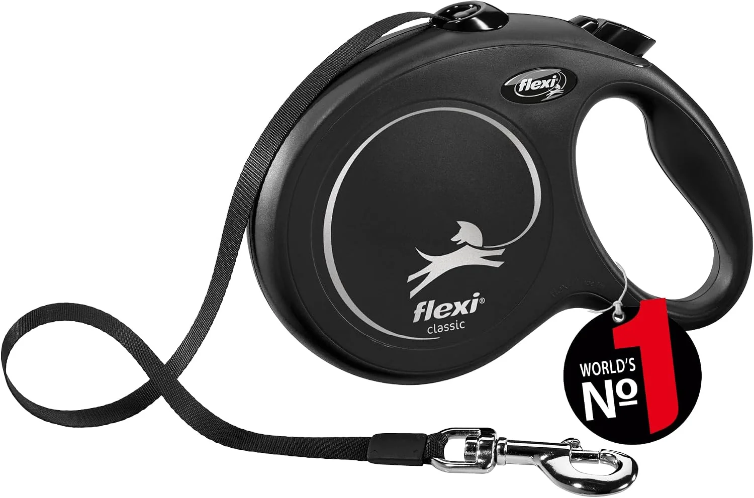 Guia retrátil FLEXI New Classic preta tamanho G com fita de 8 metros e mosquetão