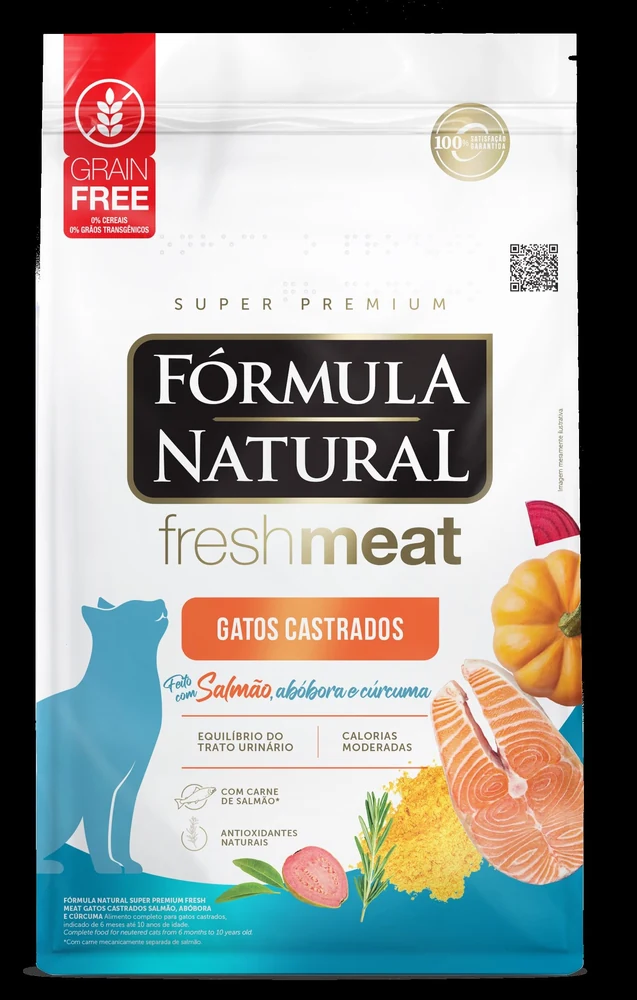 Embalagem da ração Fórmula Natural Fresh Meat Gatos Castrados sabor salmão de 1 kg