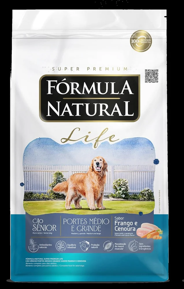 Embalagem da ração Fórmula Natural Life sabor frango e cenoura para cães sênior de portes médio e grande de 15 kg