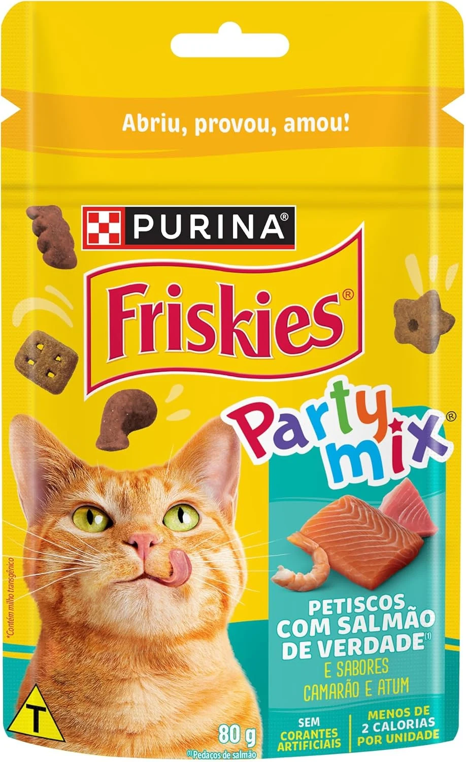 Embalagem Purina Friskies Party Mix petisco para gatos sabor salmão 80 gramas