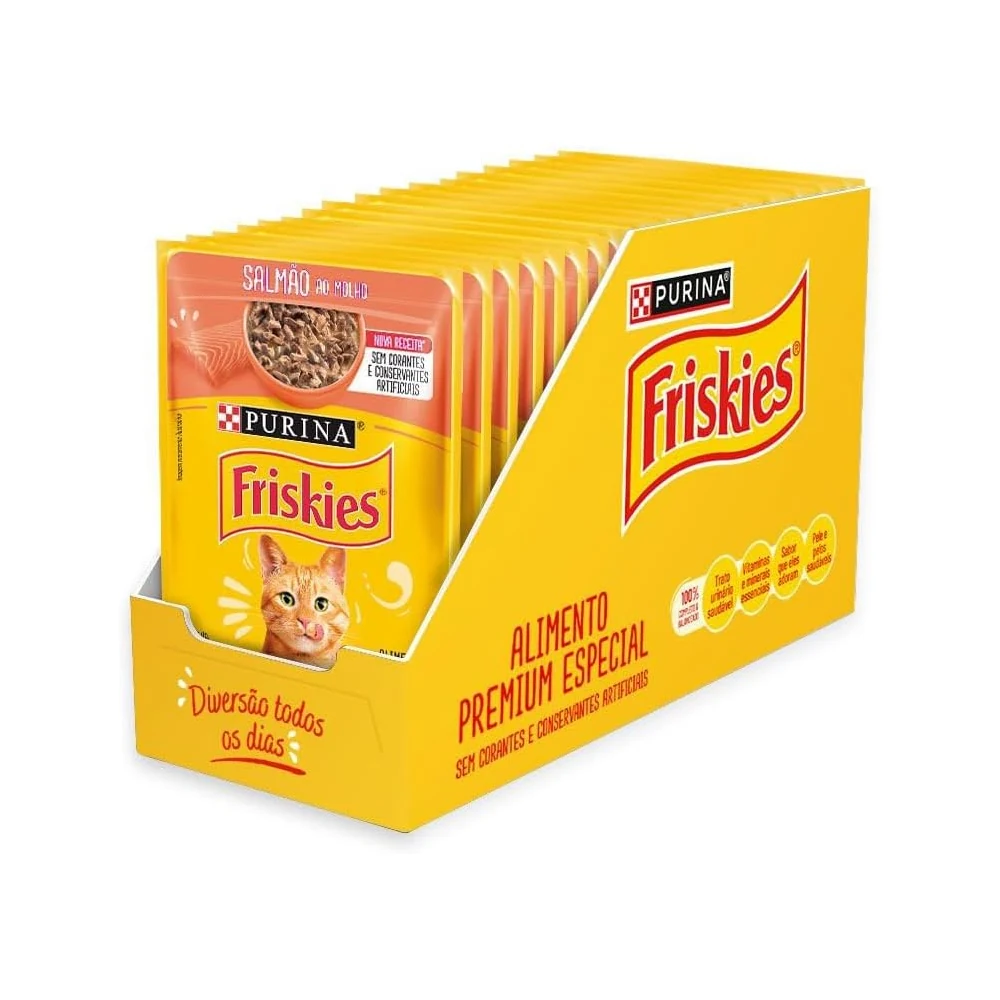 Caixa display do pack Purina Friskies salmão ao molho com 15 sachês de 85 g