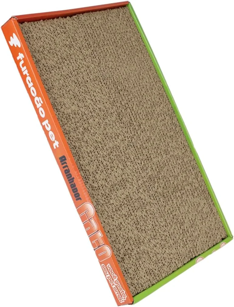 Arranhador plano de papelão ondulado Furacão Pet em moldura colorida laranja e verde