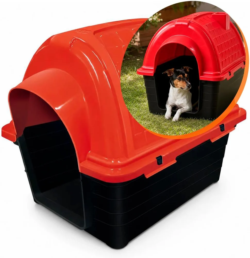 Casinha plástica Ipoppy N5 vermelha da Furacão Pet, com piso elevado e aberturas de ventilação