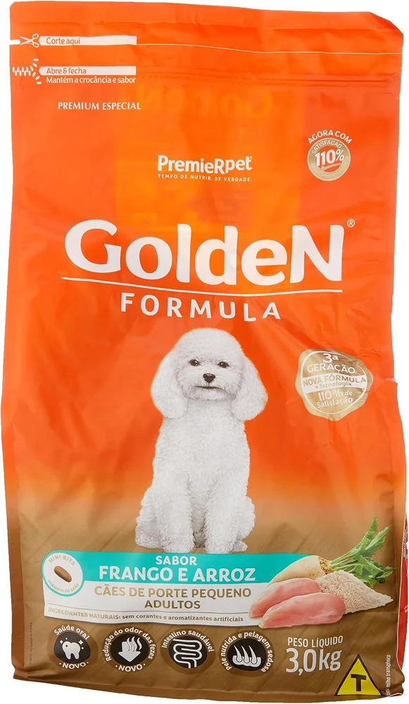 Embalagem da ração GoldeN Fórmula Mini Bits sabor frango e arroz de 3 kg para cães adultos de porte pequeno