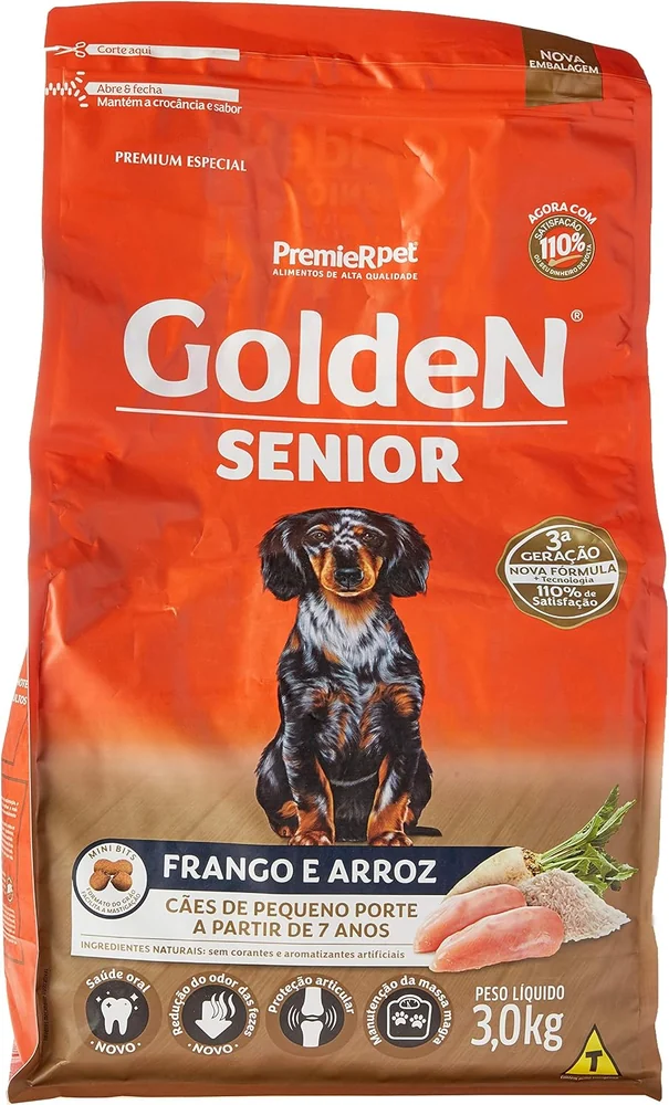 Embalagem da ração GoldeN Fórmula Mini Bits Senior sabor frango e arroz de 3 kg para cães de porte pequeno