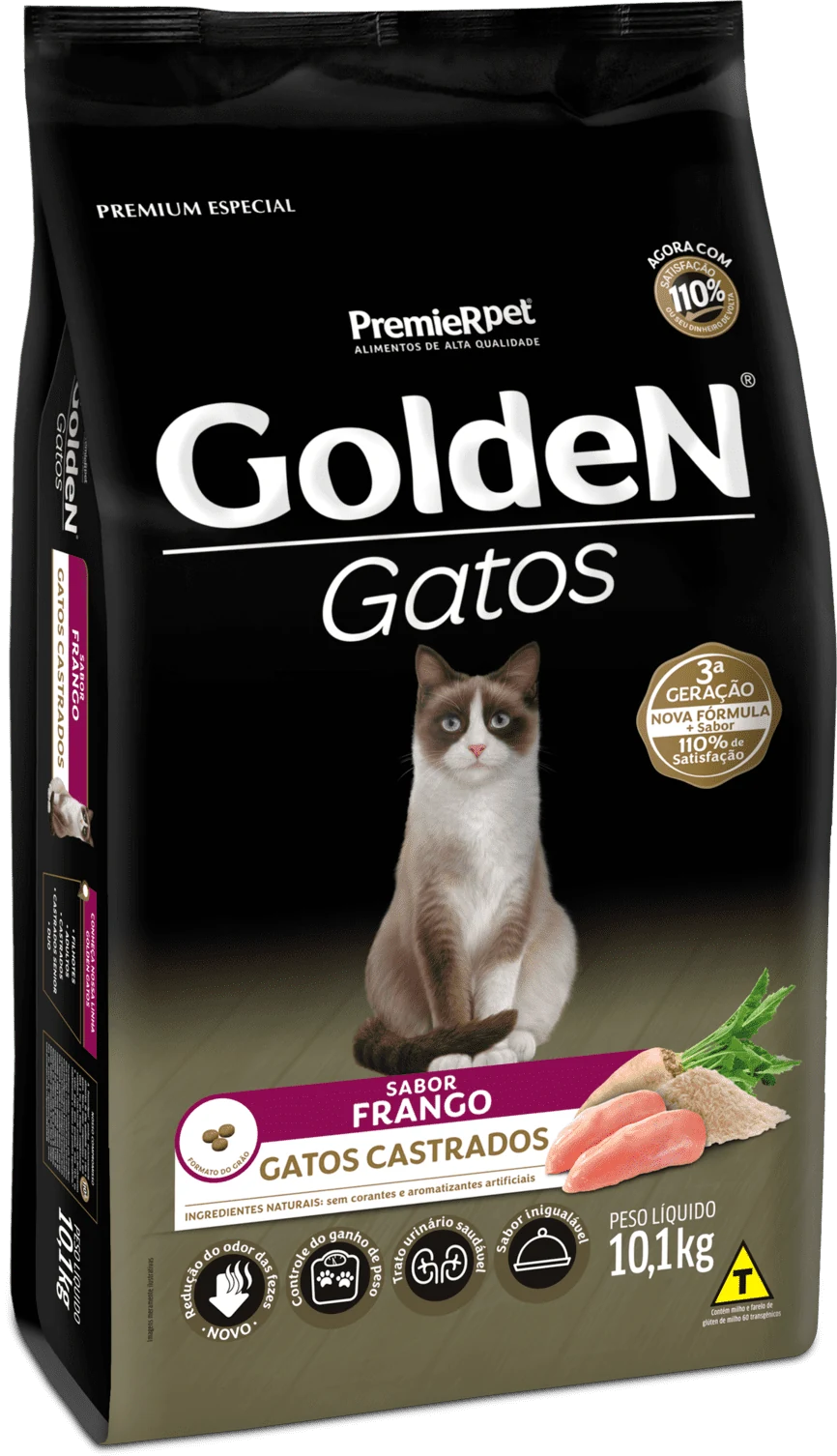 Packshot oficial da ração GoldeN Gatos Castrados sabor Frango na apresentação de 10,1 kg