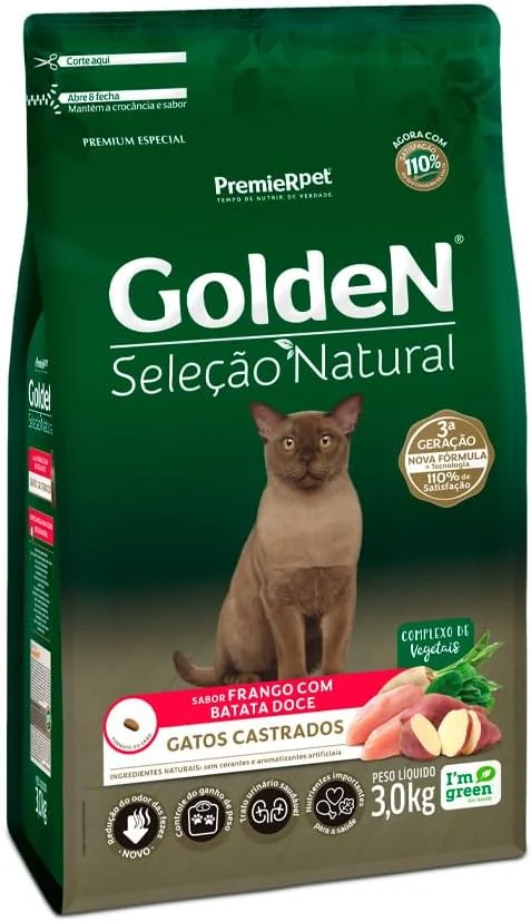 Embalagem da ração Golden Seleção Natural para gatos castrados sabor frango com batata doce de 3 kg