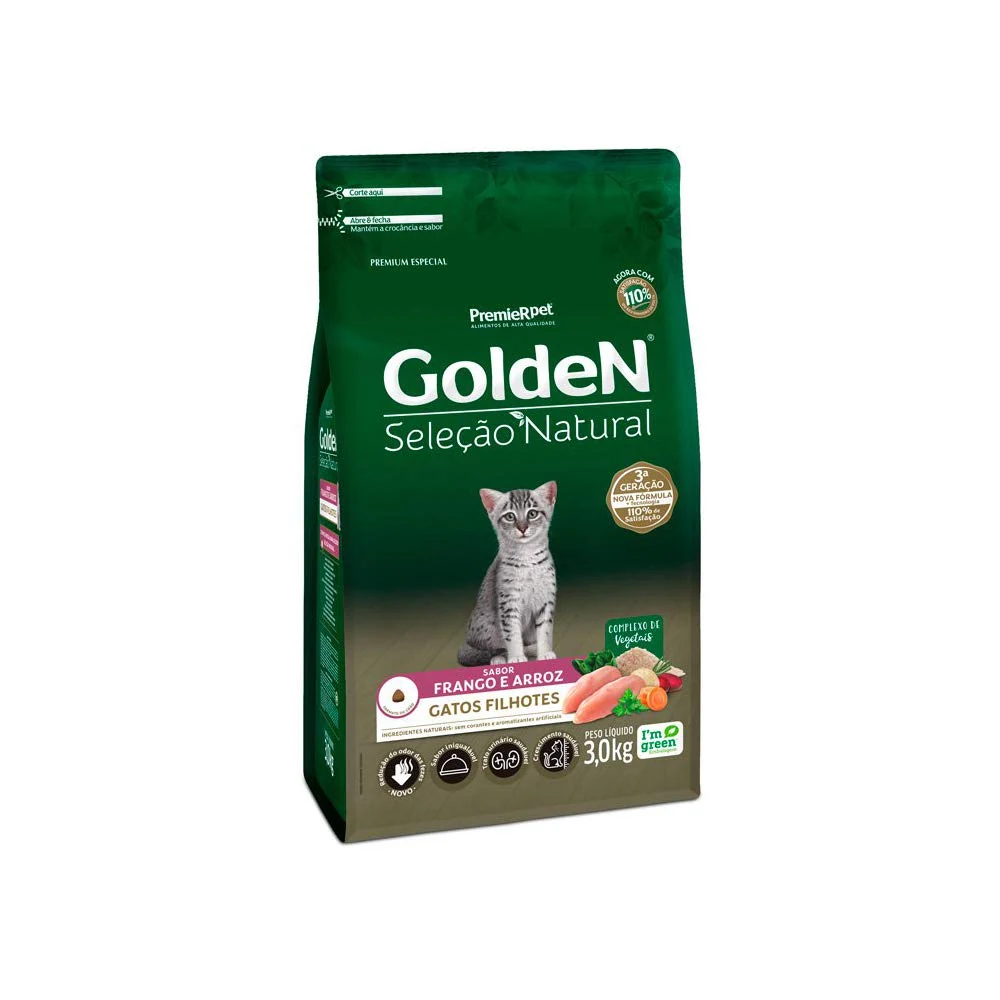 Embalagem verde escura da ração GoldeN Seleção Natural para gatos filhotes sabor frango e arroz de 3 kg