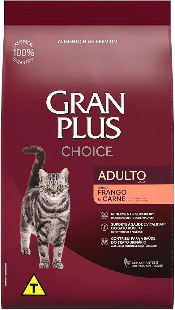Embalagem bordô da ração GranPlus Choice para gatos adultos sabor frango e carne de 10,1 kg