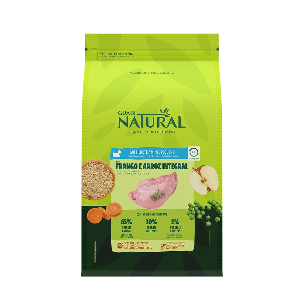 Embalagem verde da ração Guabi Natural para cães filhotes de porte mini e pequeno sabor frango e arroz integral de 2,5 kg