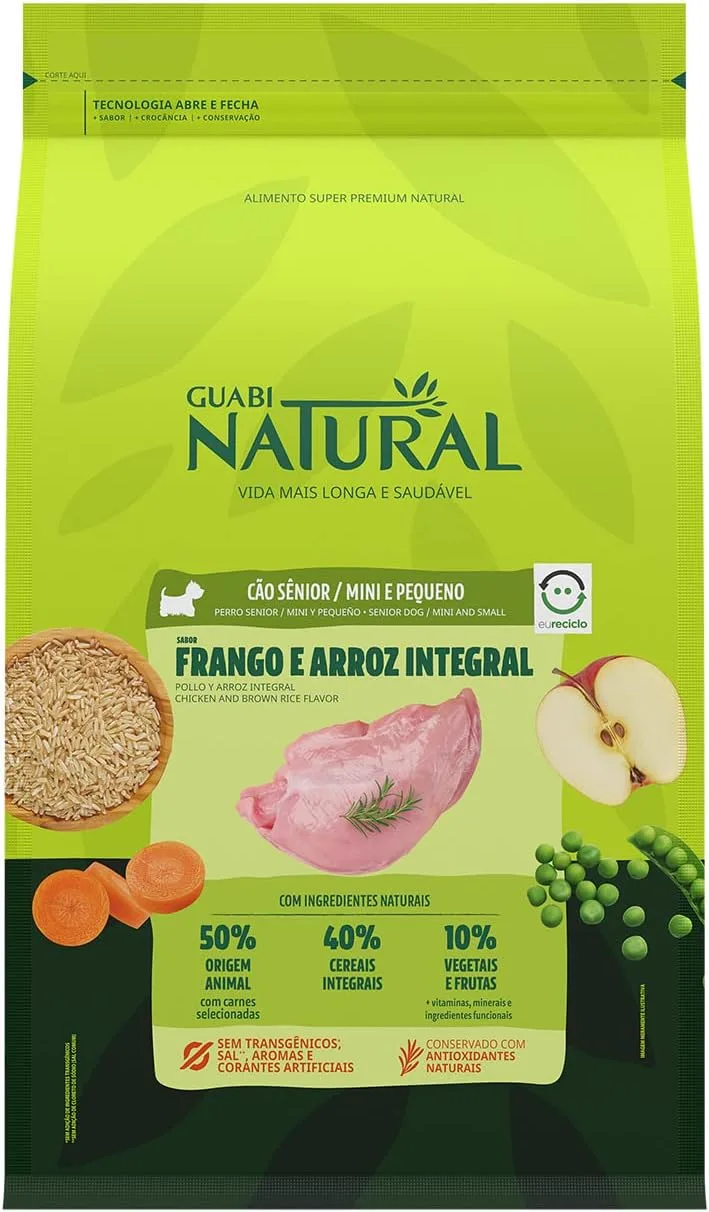 Embalagem da ração Guabi Natural Cão Sênior mini e pequeno sabor frango e arroz integral de 2,5 kg