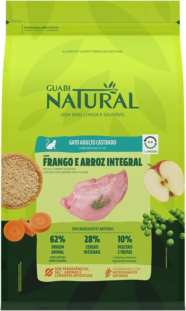 Embalagem da ração Guabi Natural para gatos adultos castrados sabor frango e arroz integral de 7,5 kg