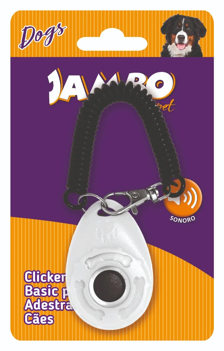 Foto oficial do clicker Jambo Pet linha Basic branco com alça de pulso para adestramento