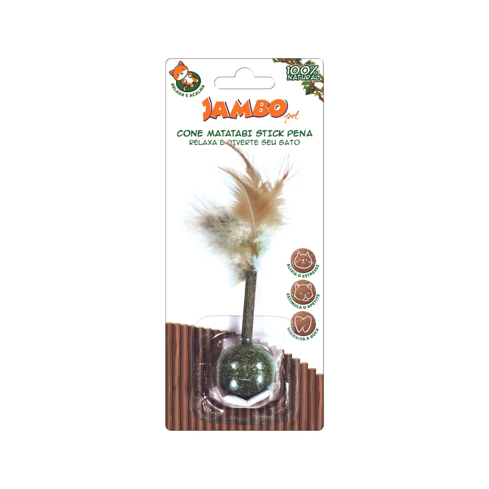 Embalagem oficial do brinquedo Jambo Pet Cone Catnip Matatabi Stick com Pena para gatos