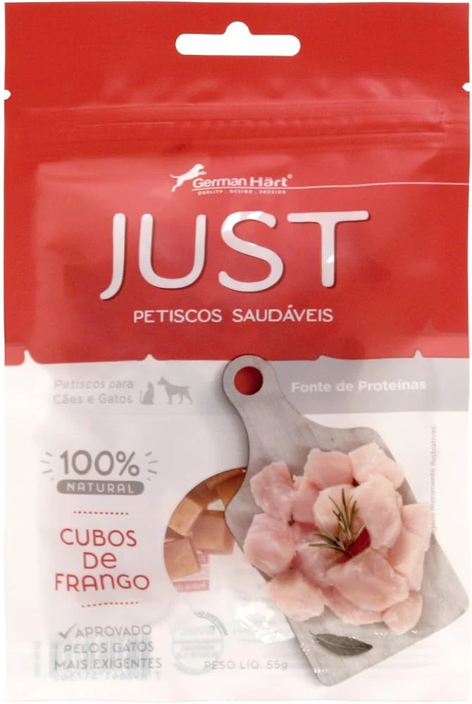 Embalagem do petisco JUST Cubos de Frango P de 55 gramas