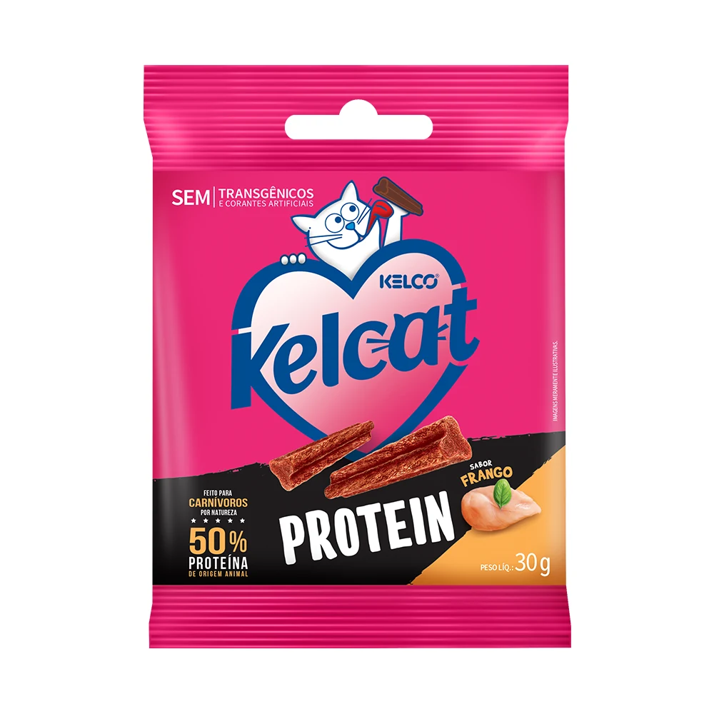 Embalagem oficial do petisco Kelcat Protein Stick sabor Frango 30 g para gatos