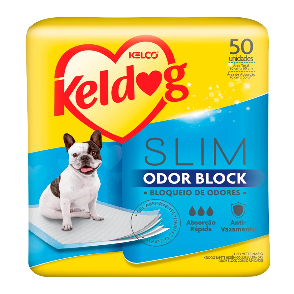 Embalagem oficial do tapete higiênico Keldog Slim Odor Block com 50 unidades, 80 x 60 cm