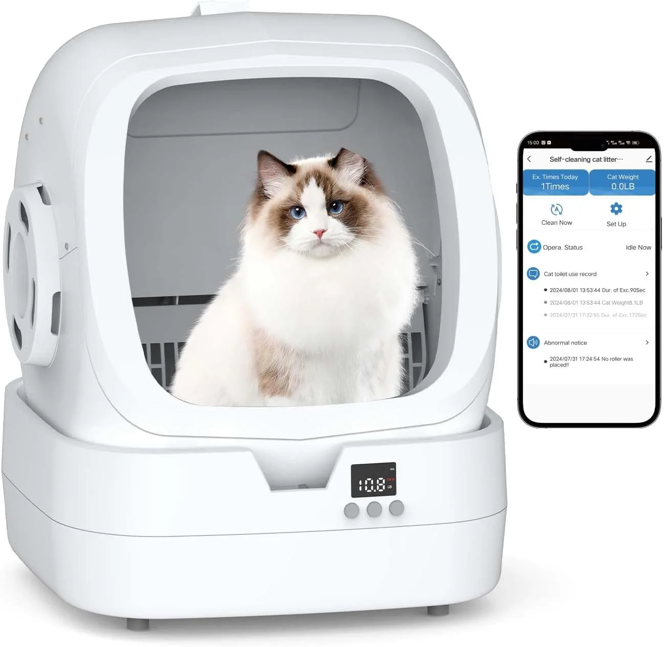 Caixa de areia automática Mintakawa branca com gato dentro do tambor e tela do aplicativo ao lado