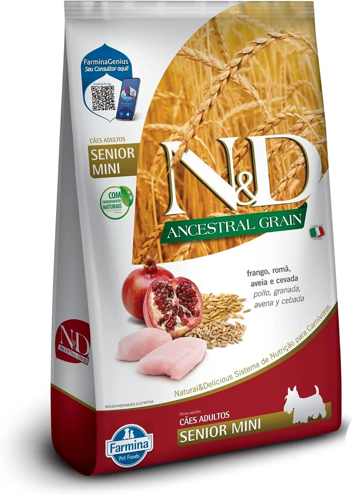Embalagem da ração Farmina N&D Ancestral Grain Senior Mini sabor frango e romã de 2,5 kg