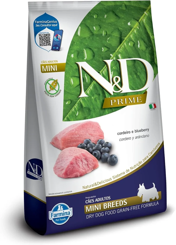 Embalagem da ração Farmina N&D Prime Adult Mini sabor cordeiro e blueberry de 2,5 kg