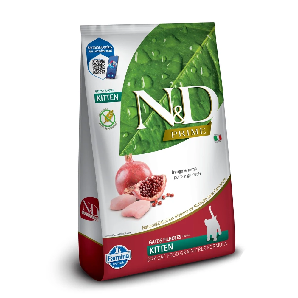 Embalagem verde da ração N&D Prime Kitten sabor frango e romã de 1,5 kg para gatos filhotes