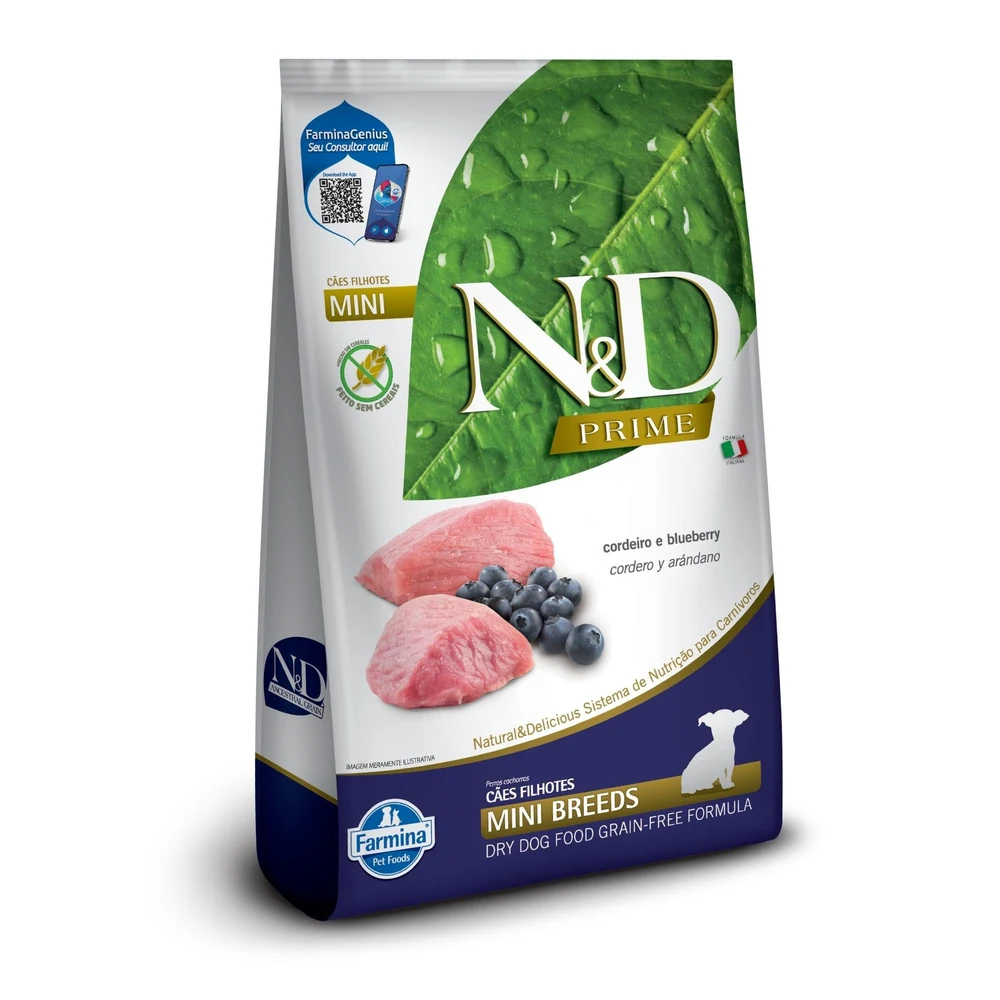 Embalagem verde da ração N&D Prime para cães filhotes de raças mini e pequenas sabor cordeiro e blueberry de 2,5 kg