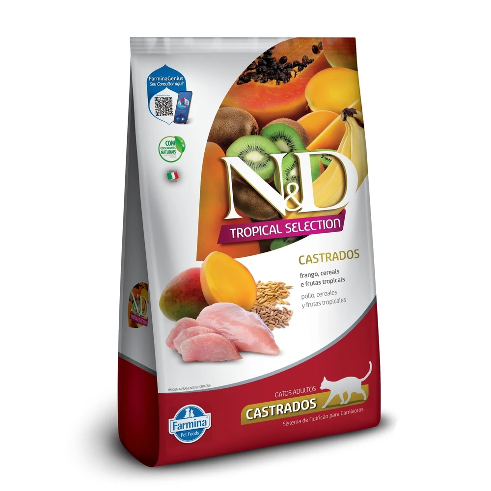 Embalagem da ração N&D Tropical Selection para gatos adultos castrados sabor frango de 7 kg