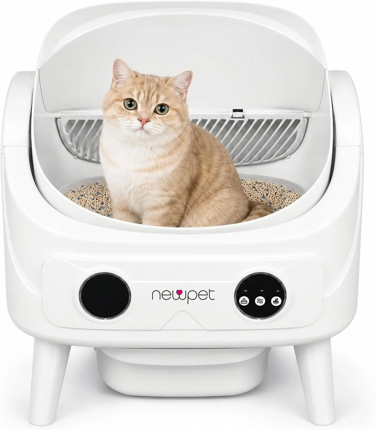 Caixa de areia autolimpante NEWPET branca de design aberto, com gato sentado na bandeja e painel frontal