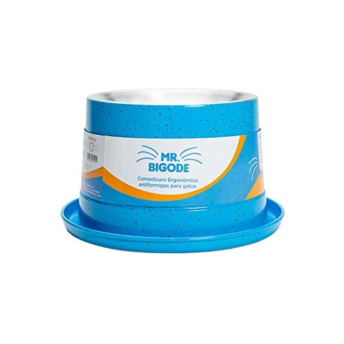 Comedouro NF Pet Mr. Bigode azul em alumínio com prato de barreira de água antiformigas