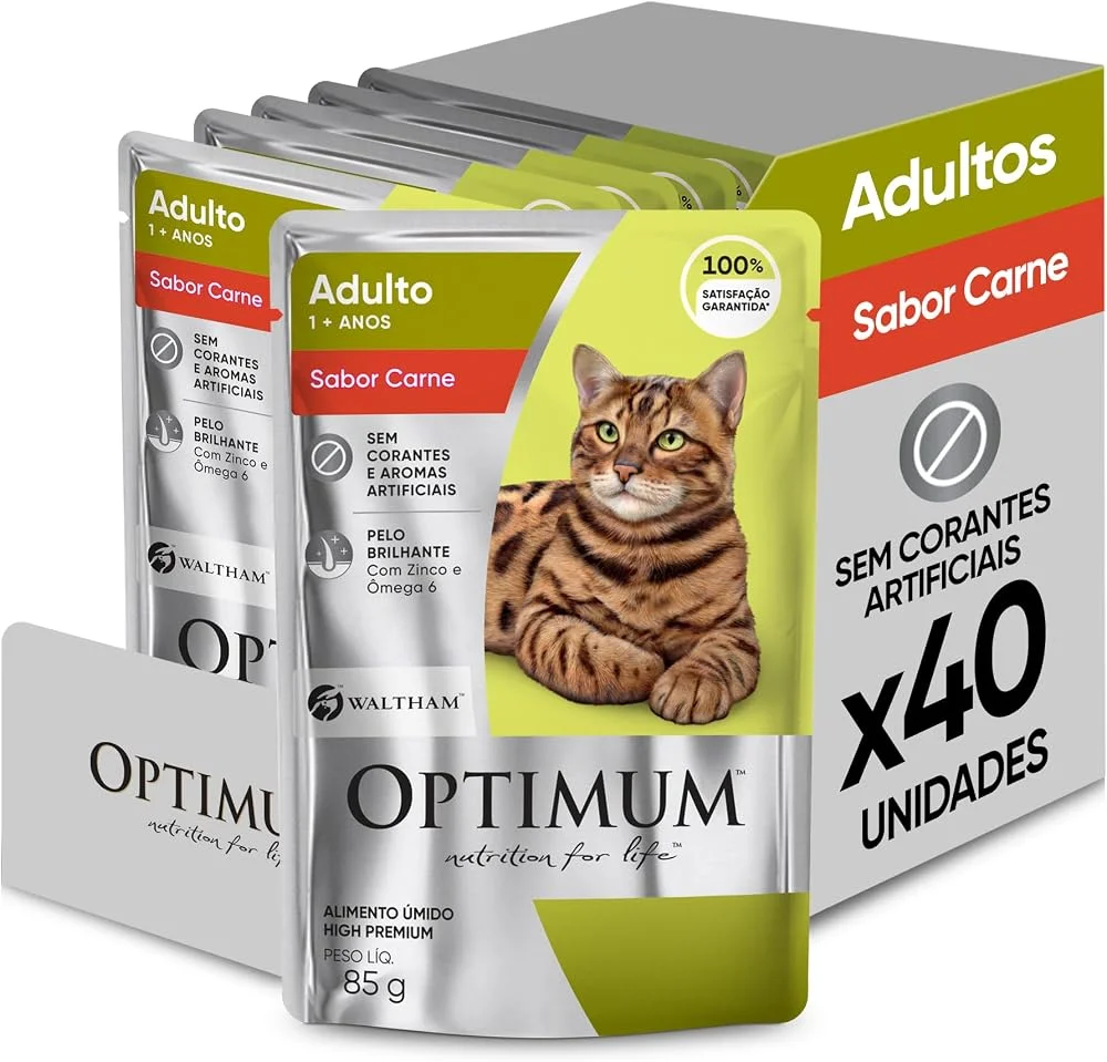 Caixa do pack Optimum Adultos sabor carne com 40 sachês de 85 g