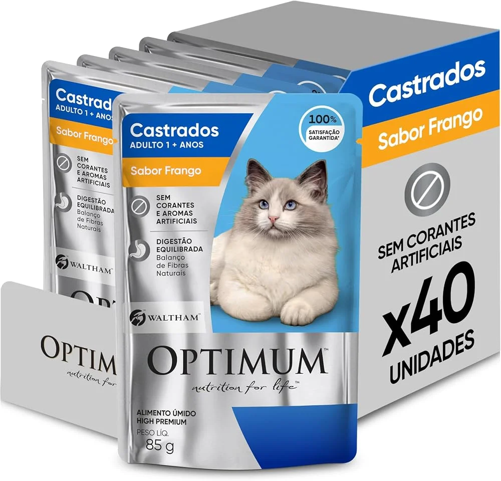 Caixa do pack Optimum Castrados sabor frango com 40 sachês de 85 g